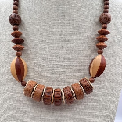 Vintage 80s Bohemian Tribal Chunky Wood Bead Necklace Coconut Shel Brown Jewelry