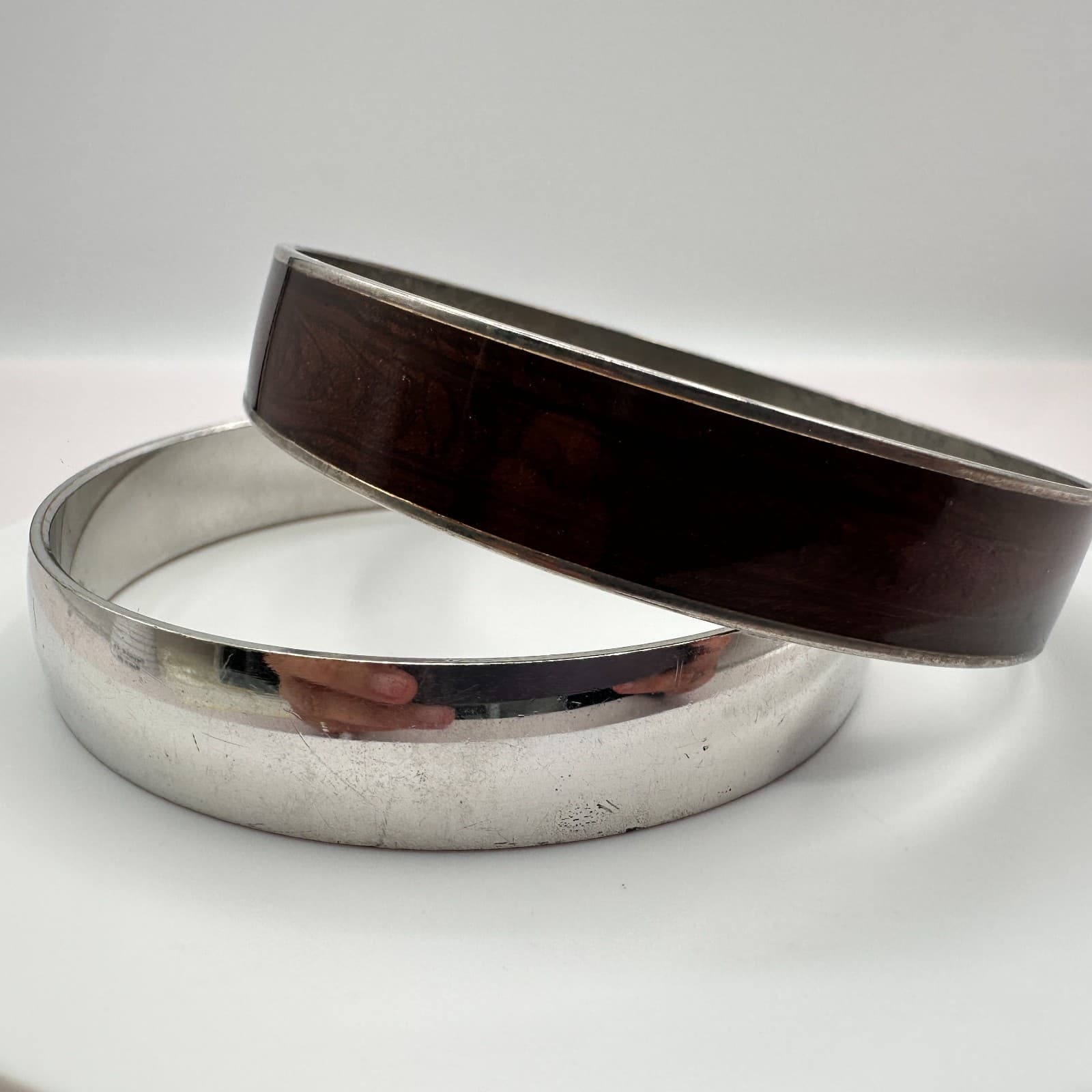 Vintage 90s Silver Tone Bangle Bracelet Set Brown Enamel Minimalist Jewelry 90s - Thumbnail 2