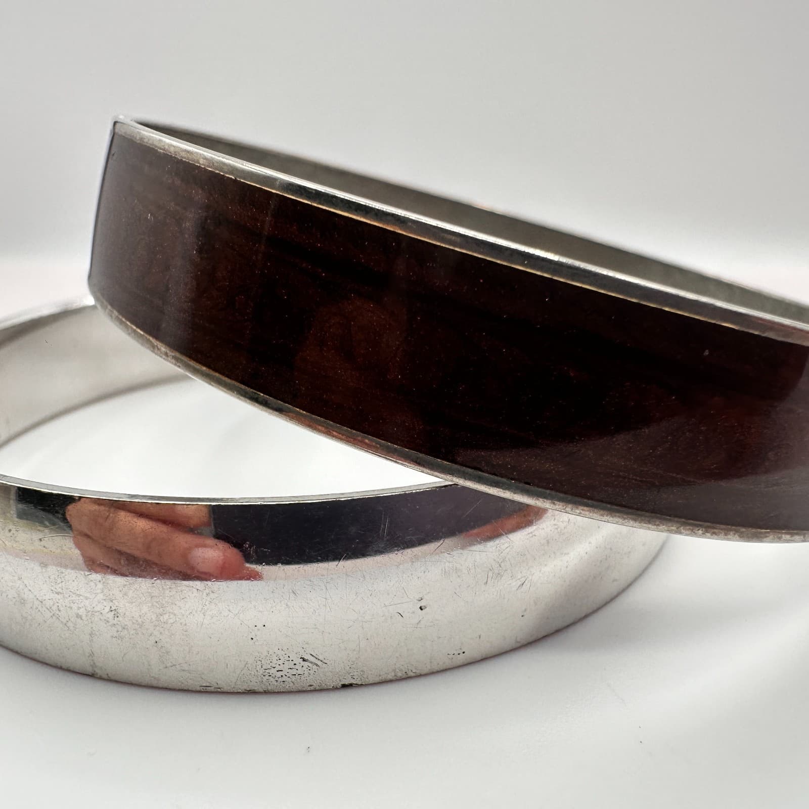 Vintage 90s Silver Tone Bangle Bracelet Set Brown Enamel Minimalist Jewelry 90s - Thumbnail 5