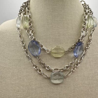 Vintage 90s Chunky Strands Necklace Lucite Bead Silver Tone Chain Layers Jewelry - Thumbnail 7