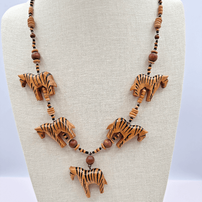 Vintage 90s Hand Carved Wooden Beaded Zebra Pendent Necklace Women's Jewelry Y2K