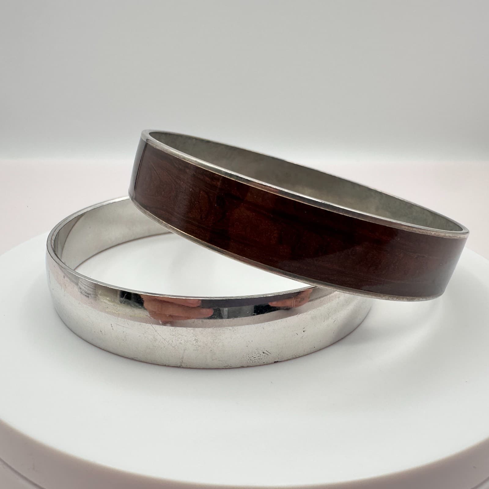 Vintage 90s Silver Tone Bangle Bracelet Set Brown Enamel Minimalist Jewelry 90s