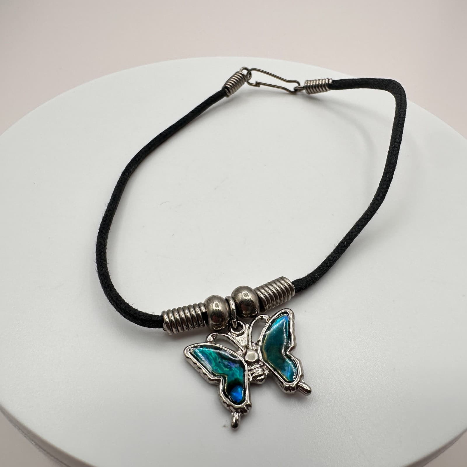 Vintage 90s Butterfly Bracelet Teal Inlay Silver Tone Black Cord Boho Jewelry - Thumbnail 5