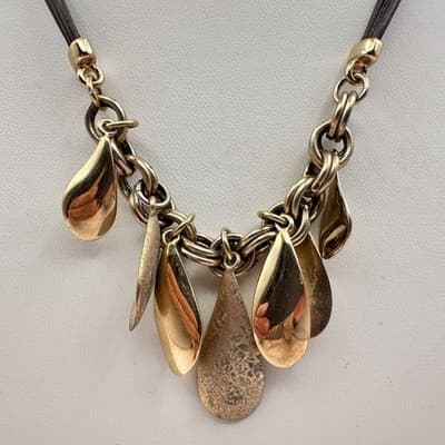 Vintage Y2K Boho Statement Necklace Gold Tone Teardrop Charms Multi Leather Cord - Thumbnail 4