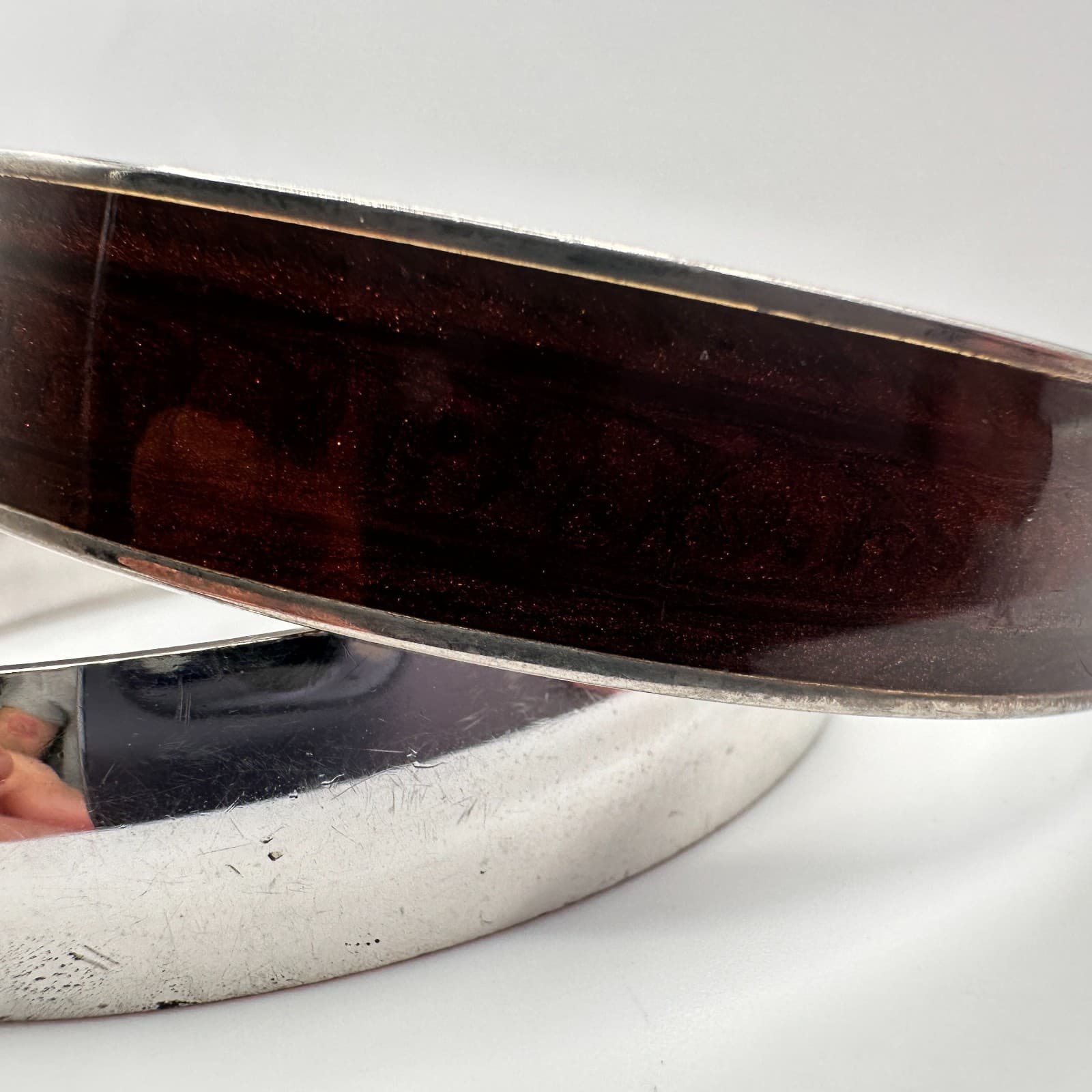 Vintage 90s Silver Tone Bangle Bracelet Set Brown Enamel Minimalist Jewelry 90s - Thumbnail 8