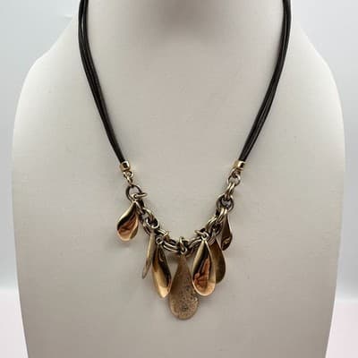 Vintage Y2K Boho Statement Necklace Gold Tone Teardrop Charms Multi Leather Cord - Thumbnail 2