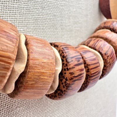 Vintage 80s Bohemian Tribal Chunky Wood Bead Necklace Coconut Shel Brown Jewelry - Thumbnail 6