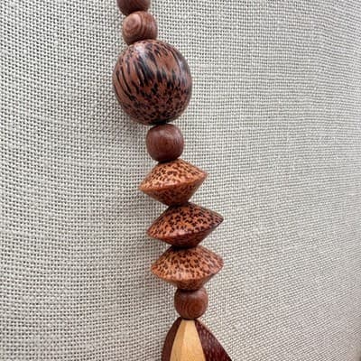 Vintage 80s Bohemian Tribal Chunky Wood Bead Necklace Coconut Shel Brown Jewelry - Thumbnail 7