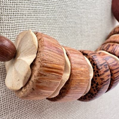 Vintage 80s Bohemian Tribal Chunky Wood Bead Necklace Coconut Shel Brown Jewelry - Thumbnail 5