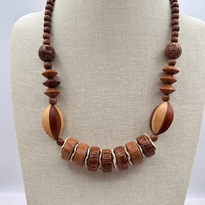 Vintage 80s Bohemian Tribal Chunky Wood Bead Necklace Coconut Shel Brown Jewelry - Thumbnail 2