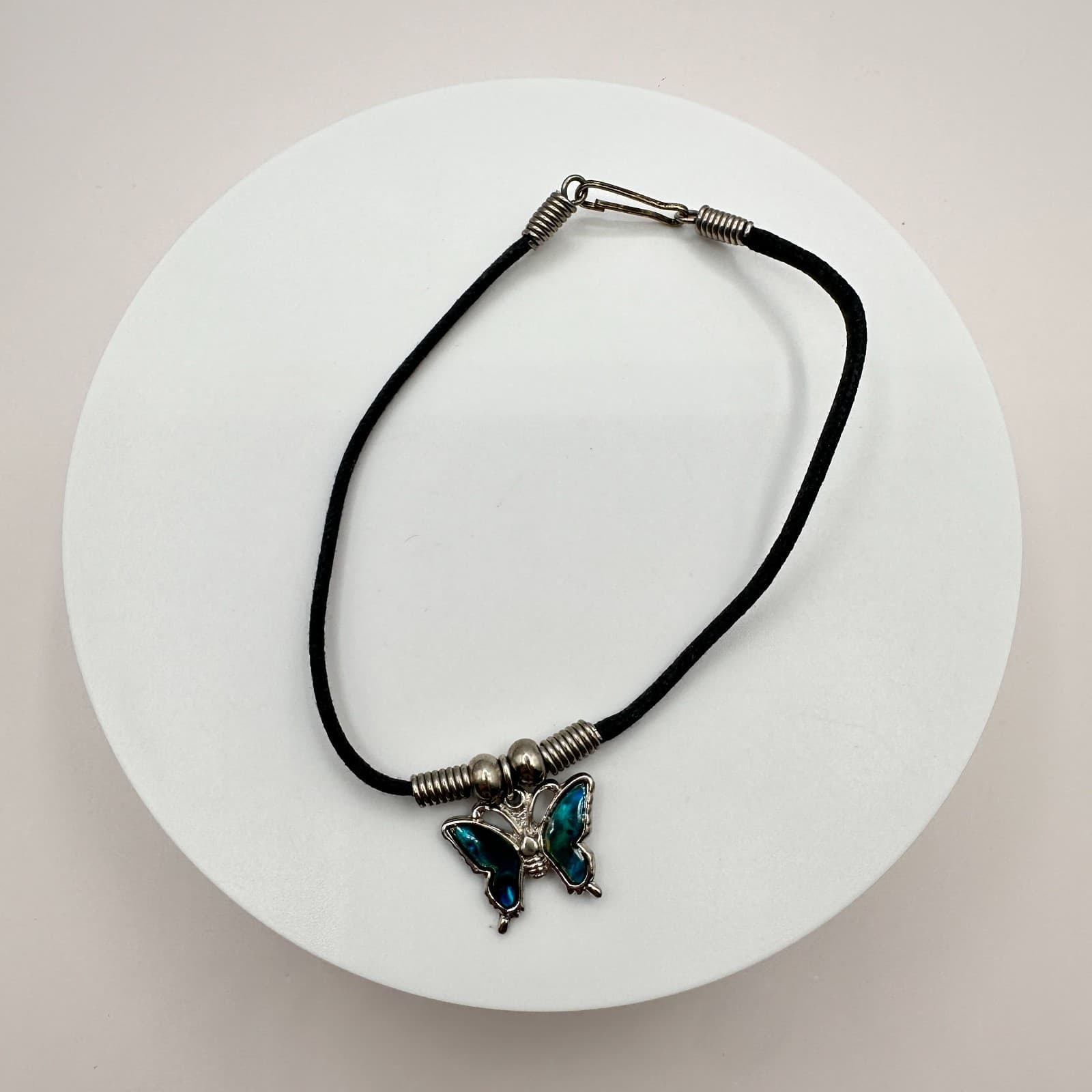 Vintage 90s Butterfly Bracelet Teal Inlay Silver Tone Black Cord Boho Jewelry - Thumbnail 2