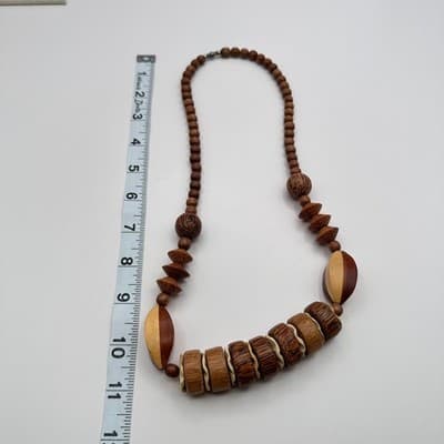 Vintage 80s Bohemian Tribal Chunky Wood Bead Necklace Coconut Shel Brown Jewelry - Thumbnail 10