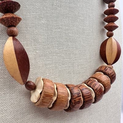 Vintage 80s Bohemian Tribal Chunky Wood Bead Necklace Coconut Shel Brown Jewelry - Thumbnail 3