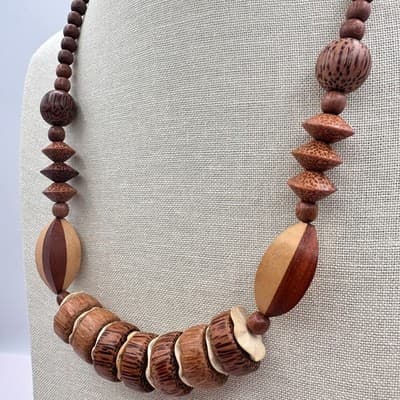 Vintage 80s Bohemian Tribal Chunky Wood Bead Necklace Coconut Shel Brown Jewelry - Thumbnail 8
