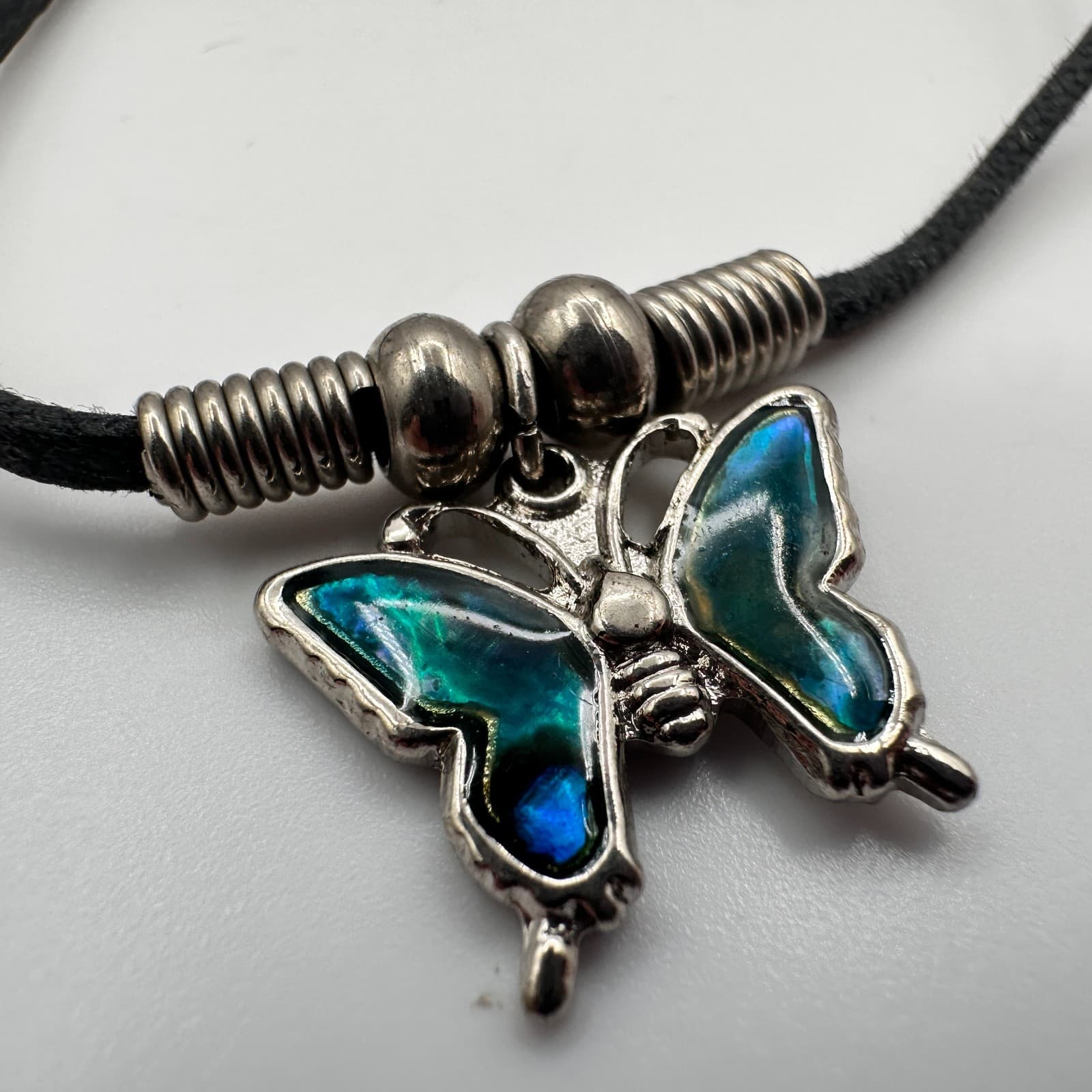 Vintage 90s Butterfly Bracelet Teal Inlay Silver Tone Black Cord Boho Jewelry - Thumbnail 3