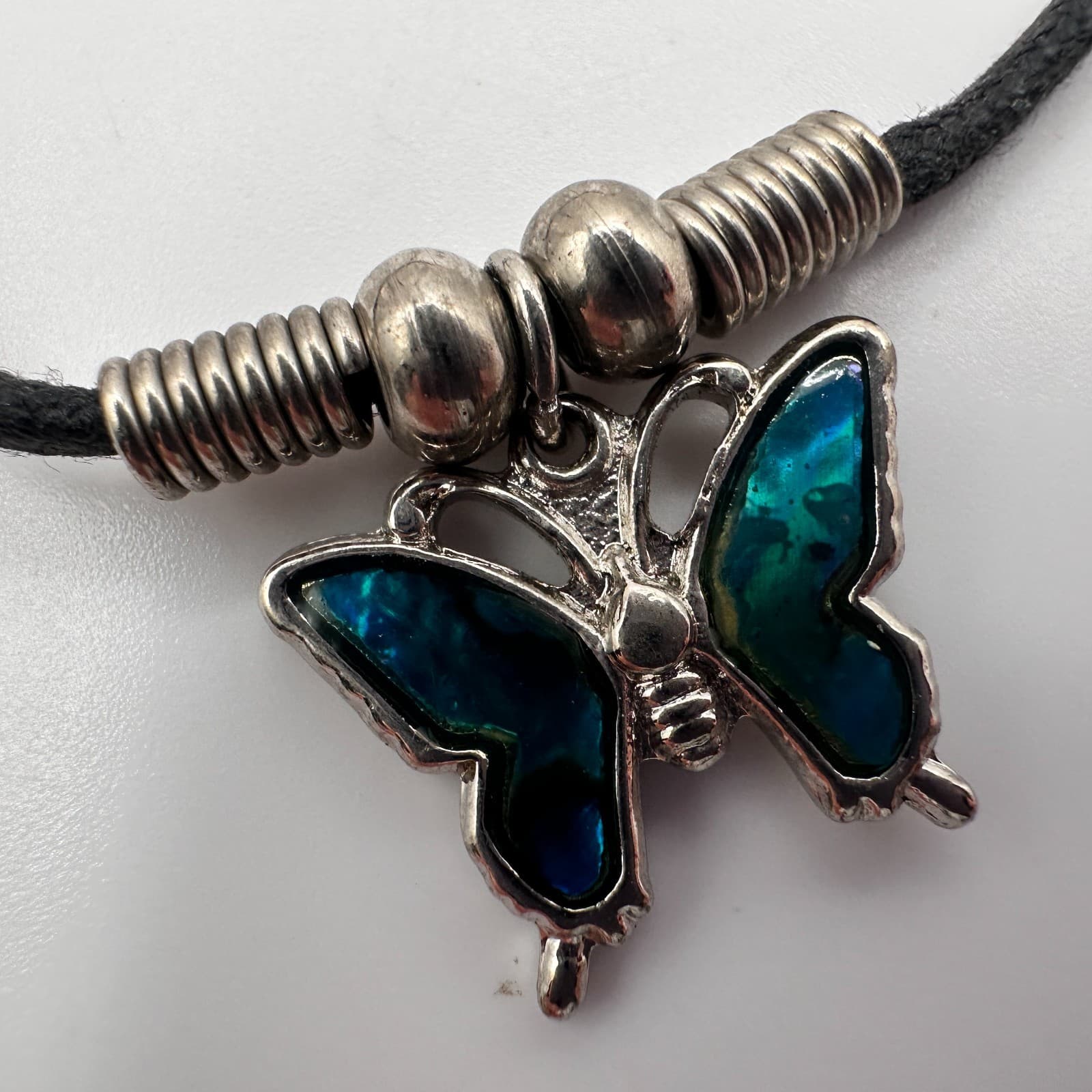 Vintage 90s Butterfly Bracelet Teal Inlay Silver Tone Black Cord Boho Jewelry - Thumbnail 4