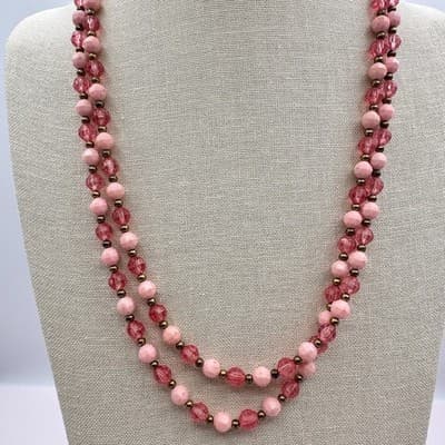 Vintage Y2K Pink Double Strand Beaded Necklace Faceted Glass Fashion Jewelry Y2K - Thumbnail 11