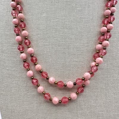 Vintage Y2K Pink Double Strand Beaded Necklace Faceted Glass Fashion Jewelry Y2K - Thumbnail 3