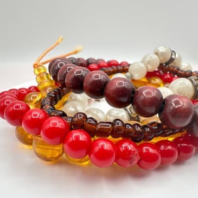 Vintage 90s Wood Pearl Glass Beaded Bracelets Set Boho Classic Fashion Jewelry - Thumbnail 2