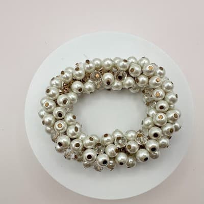 Vintage 90s White Faux Pearl Glass Beaded Cluster Stretch Bracelet Bridal Boho - Thumbnail 3