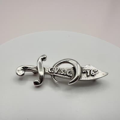 Vintage 70s Scimitar C.V.S.C. 76 Sword Brooch Pin Silver Tone Classic Jewelry