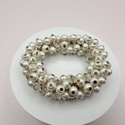 Vintage 90s White Faux Pearl Glass Beaded Cluster Stretch Bracelet Bridal Boho - Thumbnail 2
