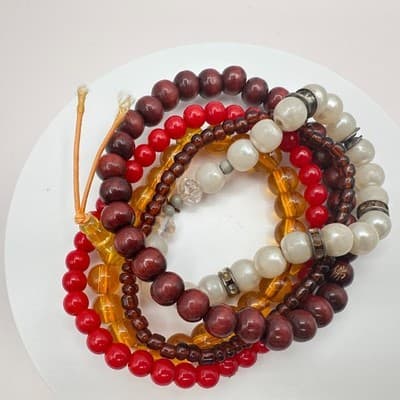 Vintage 90s Wood Pearl Glass Beaded Bracelets Set Boho Classic Fashion Jewelry - Thumbnail 7