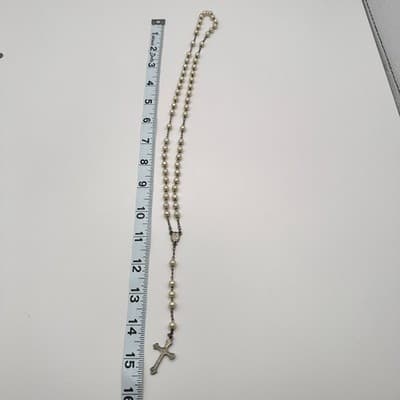 VTG 90s Catholic Rosary Faux Pearl Necklace Medugorje Virgin Mary Crucifix Set - Thumbnail 10