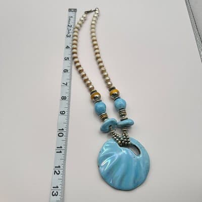 Vintage 90s Iridescent Blue Ceramic Shell Pendant Necklace Beaded Art Pottery - Thumbnail 8