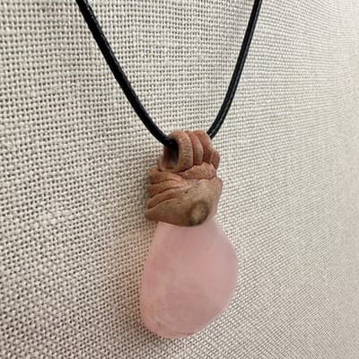 Vintage 90s Pink Rose Quartz Teardrop Raw Stone Pendant Necklace Jewelry Bib Y2K - Thumbnail 3