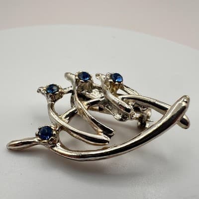 Vintage 90s Silver Tone Blue Rhinestone Abstract Spray Brooch Pin Jewelry Y2K