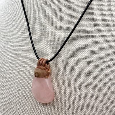 Vintage 90s Pink Rose Quartz Teardrop Raw Stone Pendant Necklace Jewelry Bib Y2K - Thumbnail 4