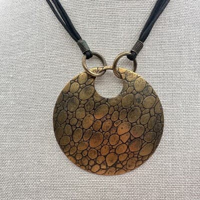 Vintage 90s Multi-strand Cord Gold Tone Large Disc Pendant Necklace Jewelry Bib - Thumbnail 3