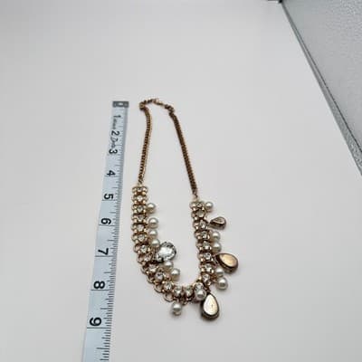 Vintage 80s 90s Crystal Faux Pearl Draped Fringe Necklace Gold Tone Jewelry Bib - Thumbnail 10