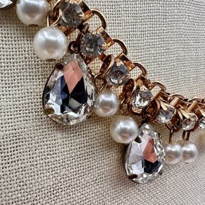 Vintage 80s 90s Crystal Faux Pearl Draped Fringe Necklace Gold Tone Jewelry Bib - Thumbnail 5