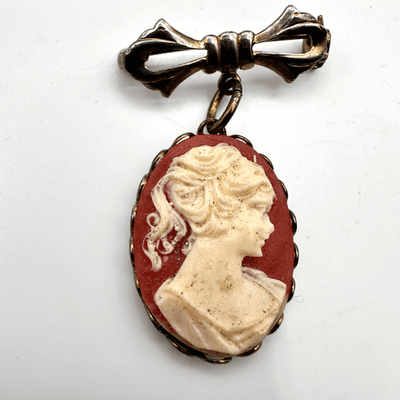 Vintage 80s Cameo Brooch Pin Gold Tone Bow Dangle Red White Portrait Classic Y2K