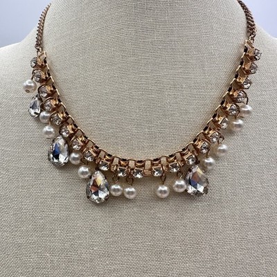 Vintage 80s 90s Crystal Faux Pearl Draped Fringe Necklace Gold Tone Jewelry Bib