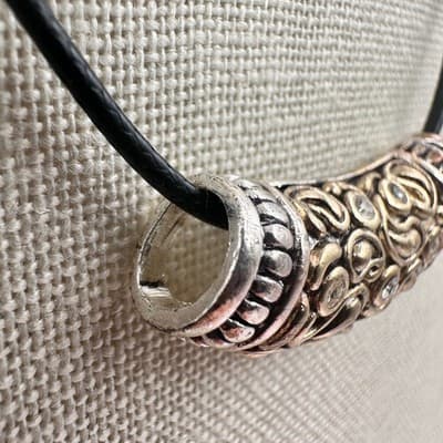Vintage Y2K Black Cord Clear Crystal Bead Barrel Necklace Two-Tone Jewelry Bib - Thumbnail 5