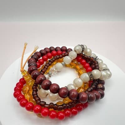 Vintage 90s Wood Pearl Glass Beaded Bracelets Set Boho Classic Fashion Jewelry - Thumbnail 5