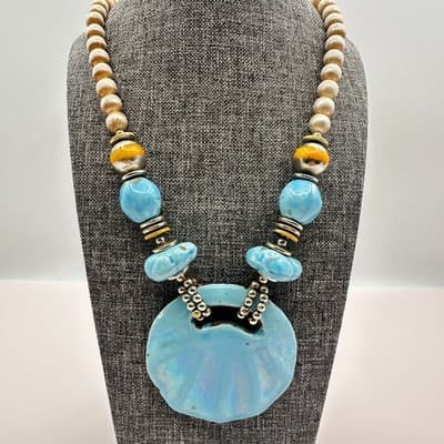 Vintage 90s Iridescent Blue Ceramic Shell Pendant Necklace Beaded Art Pottery