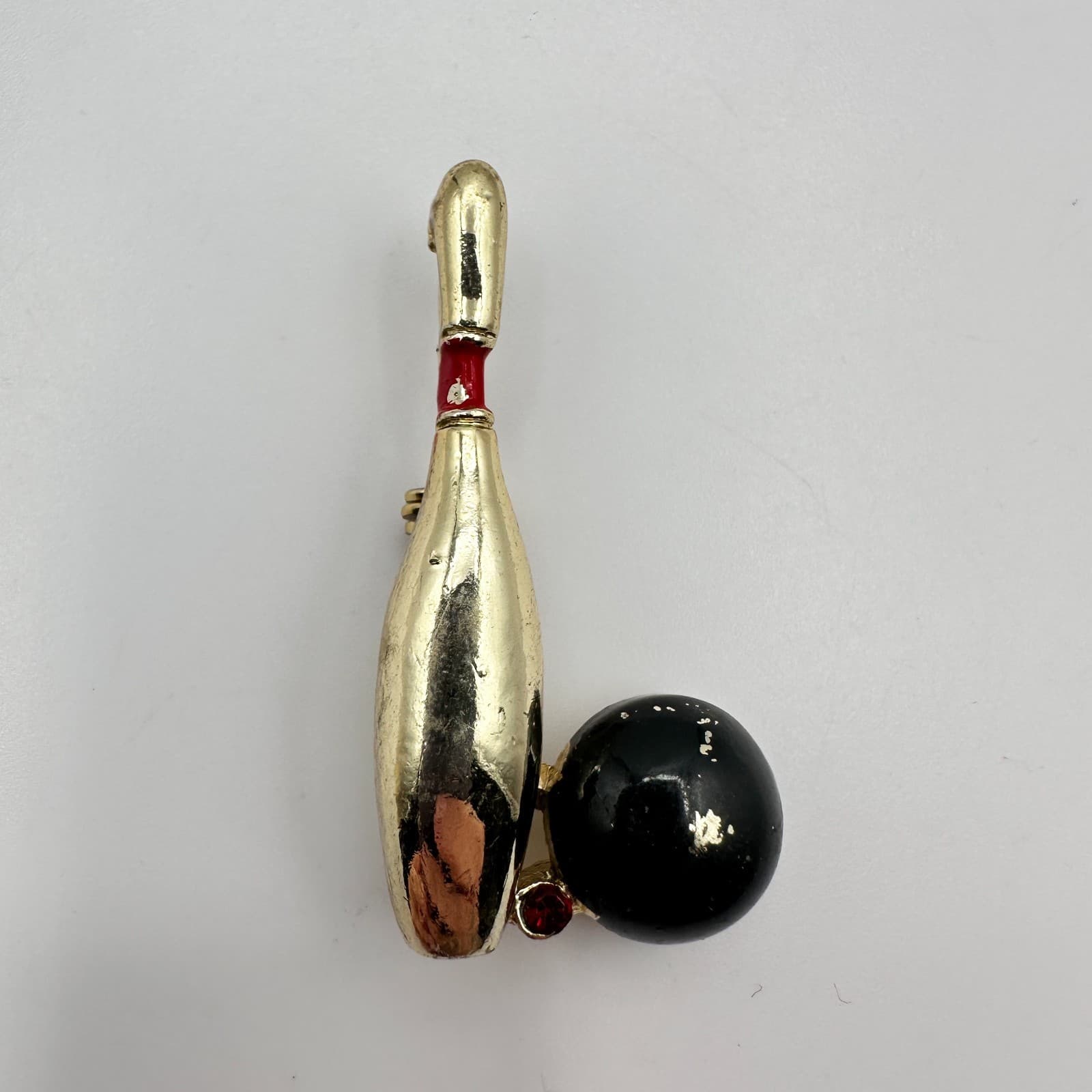 Vintage 90s Gerry’s Gold Tone Bowling Ball Black Brooch Pin Red Rhinestone Retro