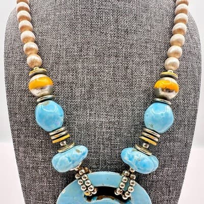Vintage 90s Iridescent Blue Ceramic Shell Pendant Necklace Beaded Art Pottery - Thumbnail 2