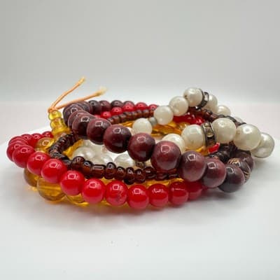 Vintage 90s Wood Pearl Glass Beaded Bracelets Set Boho Classic Fashion Jewelry