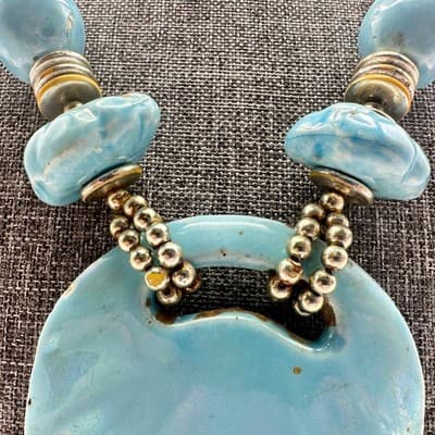 Vintage 90s Iridescent Blue Ceramic Shell Pendant Necklace Beaded Art Pottery - Thumbnail 7