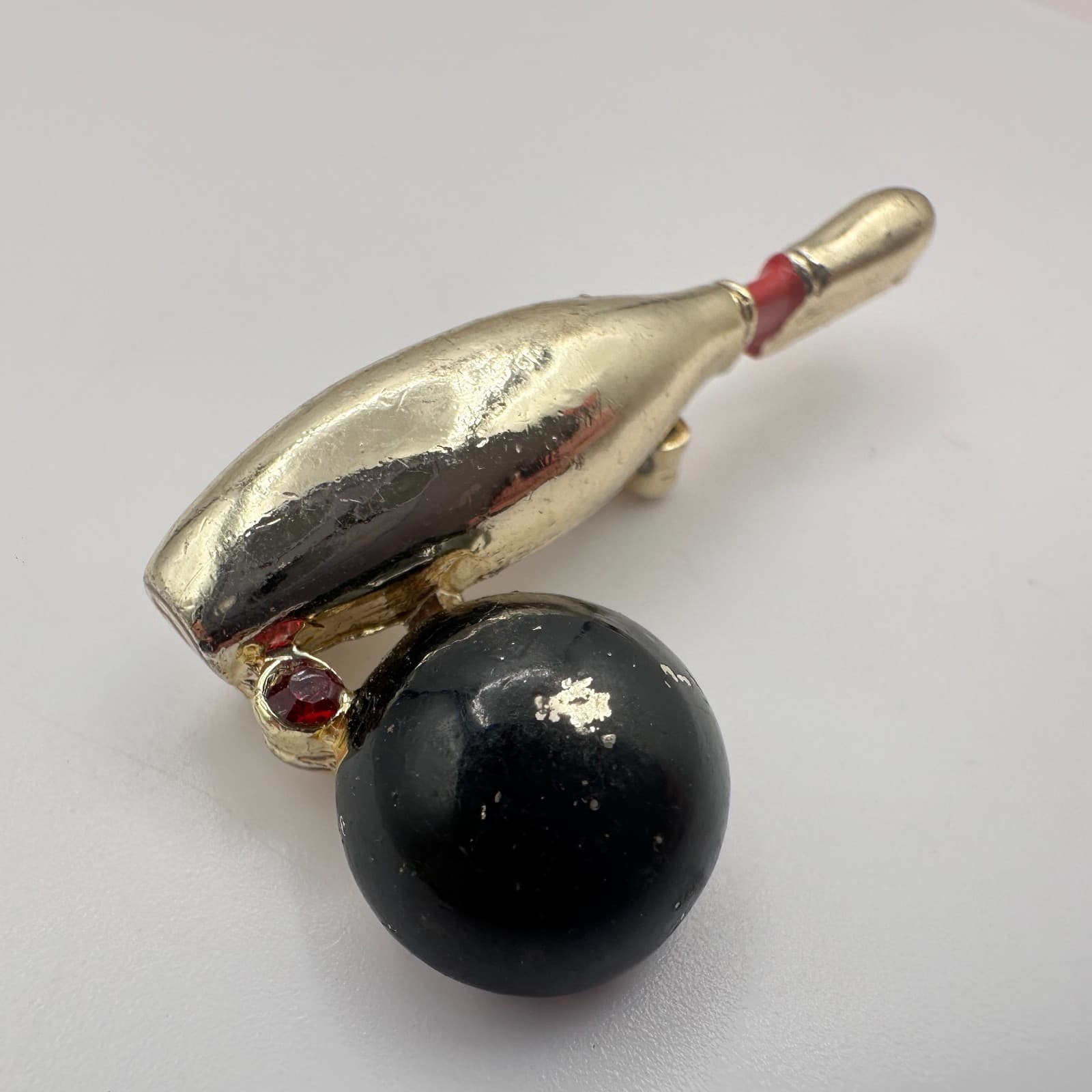 Vintage 90s Gerry’s Gold Tone Bowling Ball Black Brooch Pin Red Rhinestone Retro - Thumbnail 5