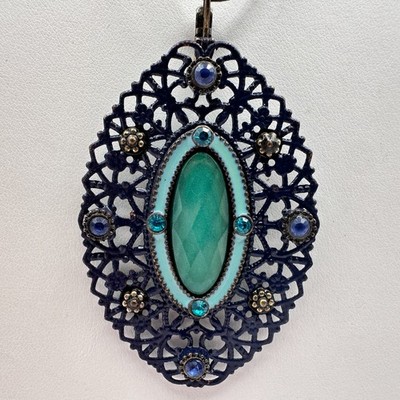 Vintage 90s Boho Filigree Pendant Necklace Green Faux Stone Rhinestone Jewelry
