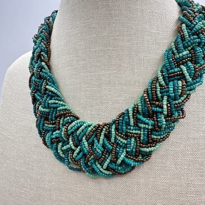 Vintage 80s Multi-Strand Teal Turquoise Seed Bead Braided Statement Necklace Y2K - Thumbnail 7