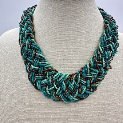 Vintage 80s Multi-Strand Teal Turquoise Seed Bead Braided Statement Necklace Y2K