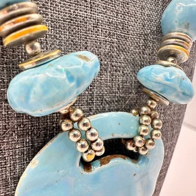 Vintage 90s Iridescent Blue Ceramic Shell Pendant Necklace Beaded Art Pottery - Thumbnail 4