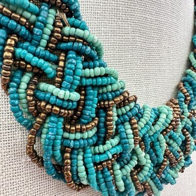 Vintage 80s Multi-Strand Teal Turquoise Seed Bead Braided Statement Necklace Y2K - Thumbnail 4